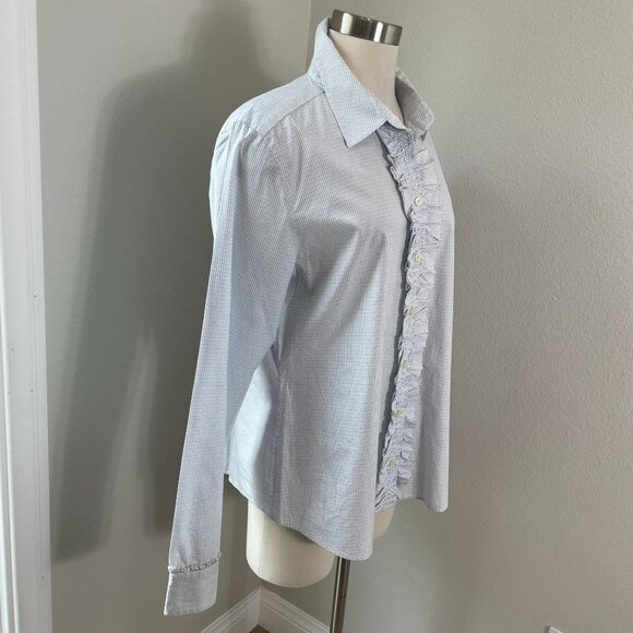 Banana Republic Womens XL Micro Check Button Up Dress Shirt Ruffle Front Blouse - Picture 2 of 10